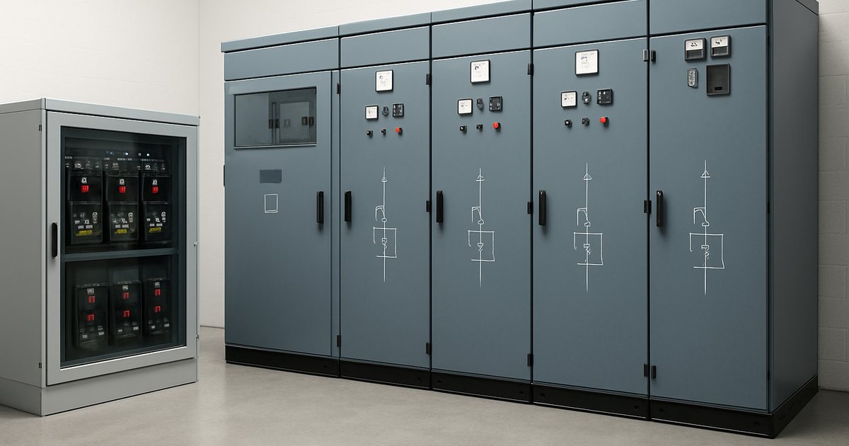 Low voltage switchgear panel and medium voltage switchgear lineup compared side by side in a factory