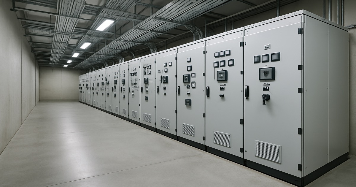 Medium voltage power distribution system switchgear lineup inside an indoor substation room